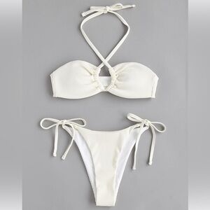 White Halter Rib Lace up Bikini Set
